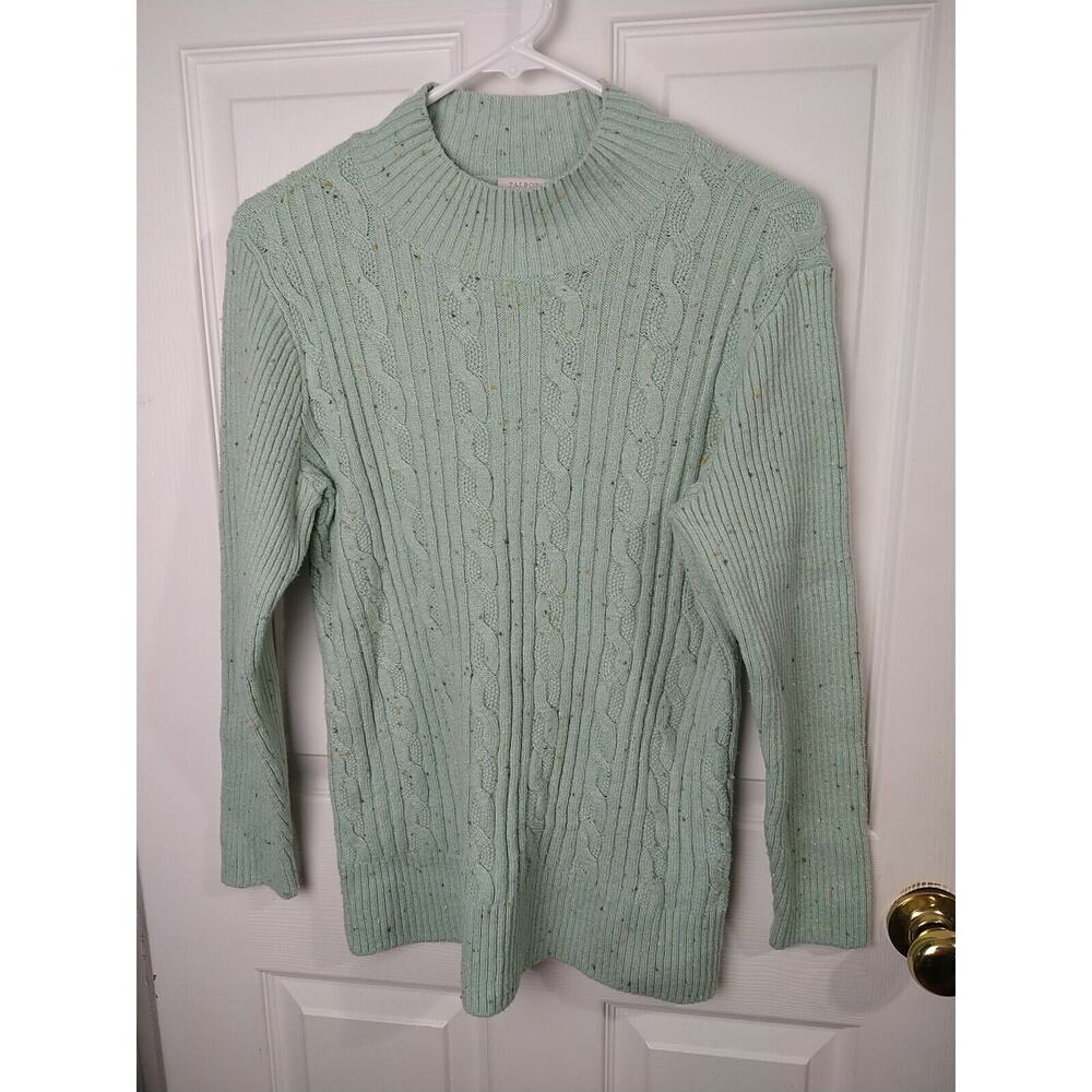 Talbots Woman S Cable Knit Sweater Sage Multicolor Dots Mock Neck Pullover...